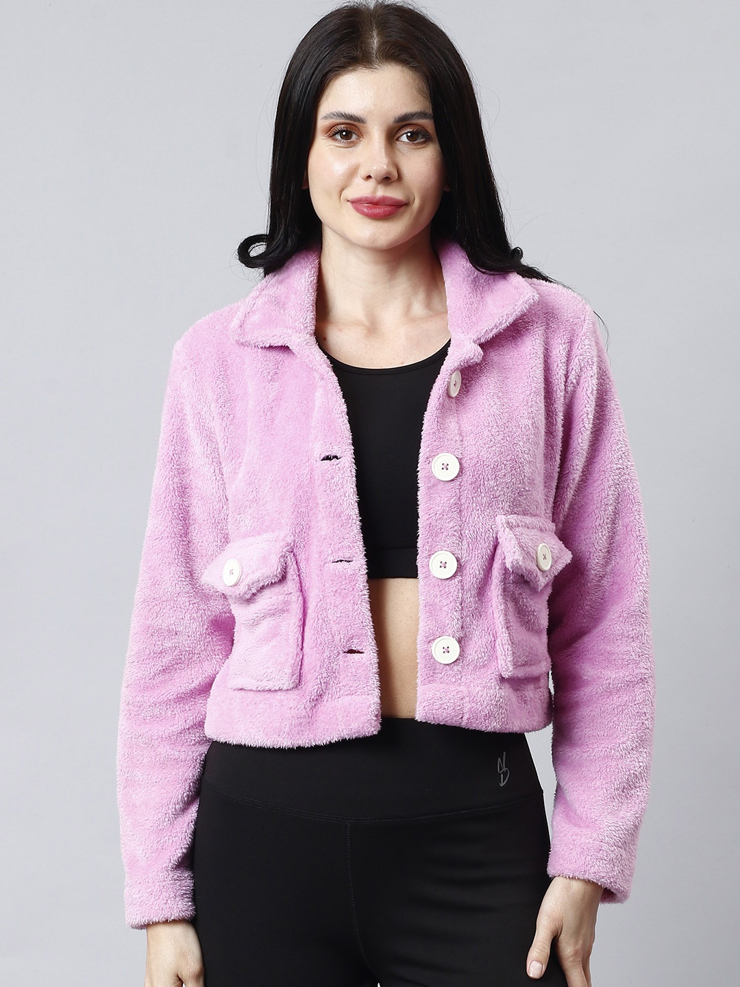 

NUEVOSDAMAS Spread Collar Fleece Crop Tailored Jacket, Lavender