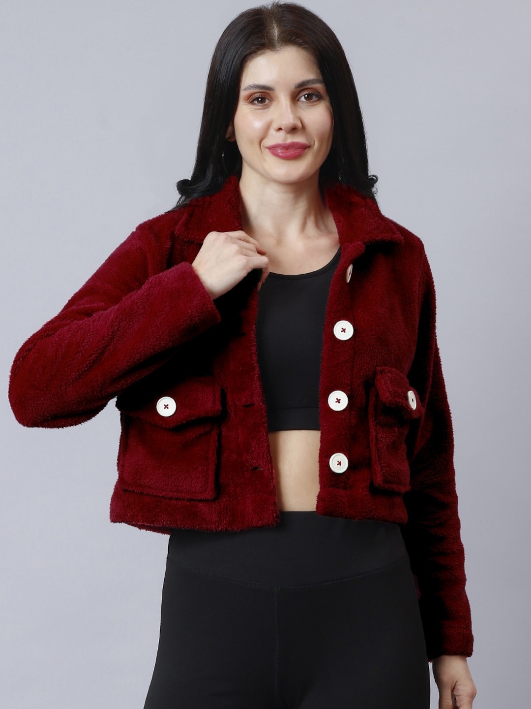 

NUEVOSDAMAS Spread Collar Fleece Crop Tailored Jacket, Maroon