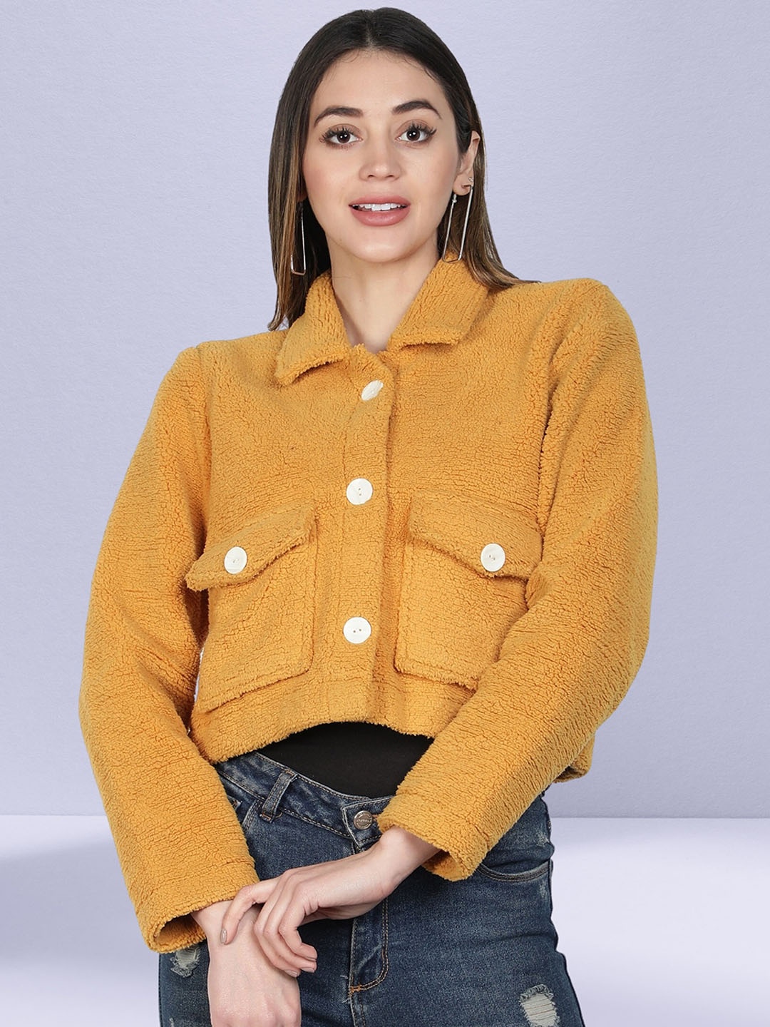 

NUEVOSDAMAS Spread Collar Fleece Crop Tailored Jacket, Mustard