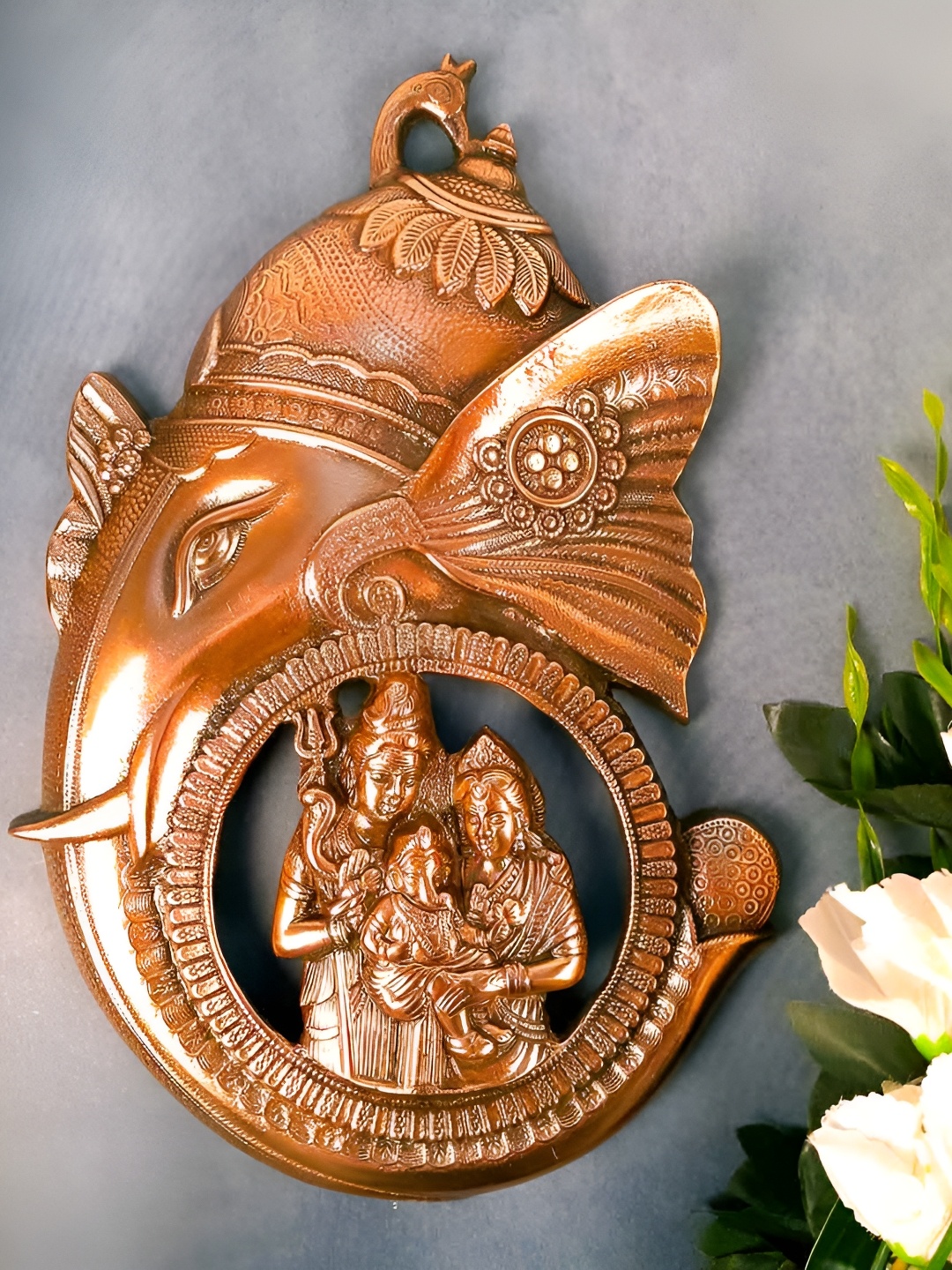 

apka mart Beige Lord Ganesha With Lord Shiv Parvati Metal Wall Hanging