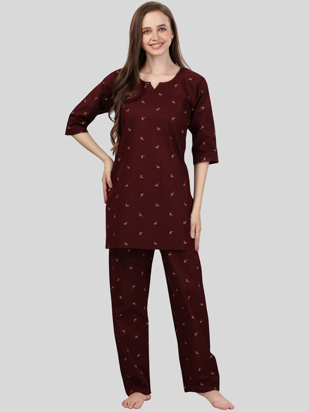 

Fabme Printed Pure Cotton Night Suit, Maroon