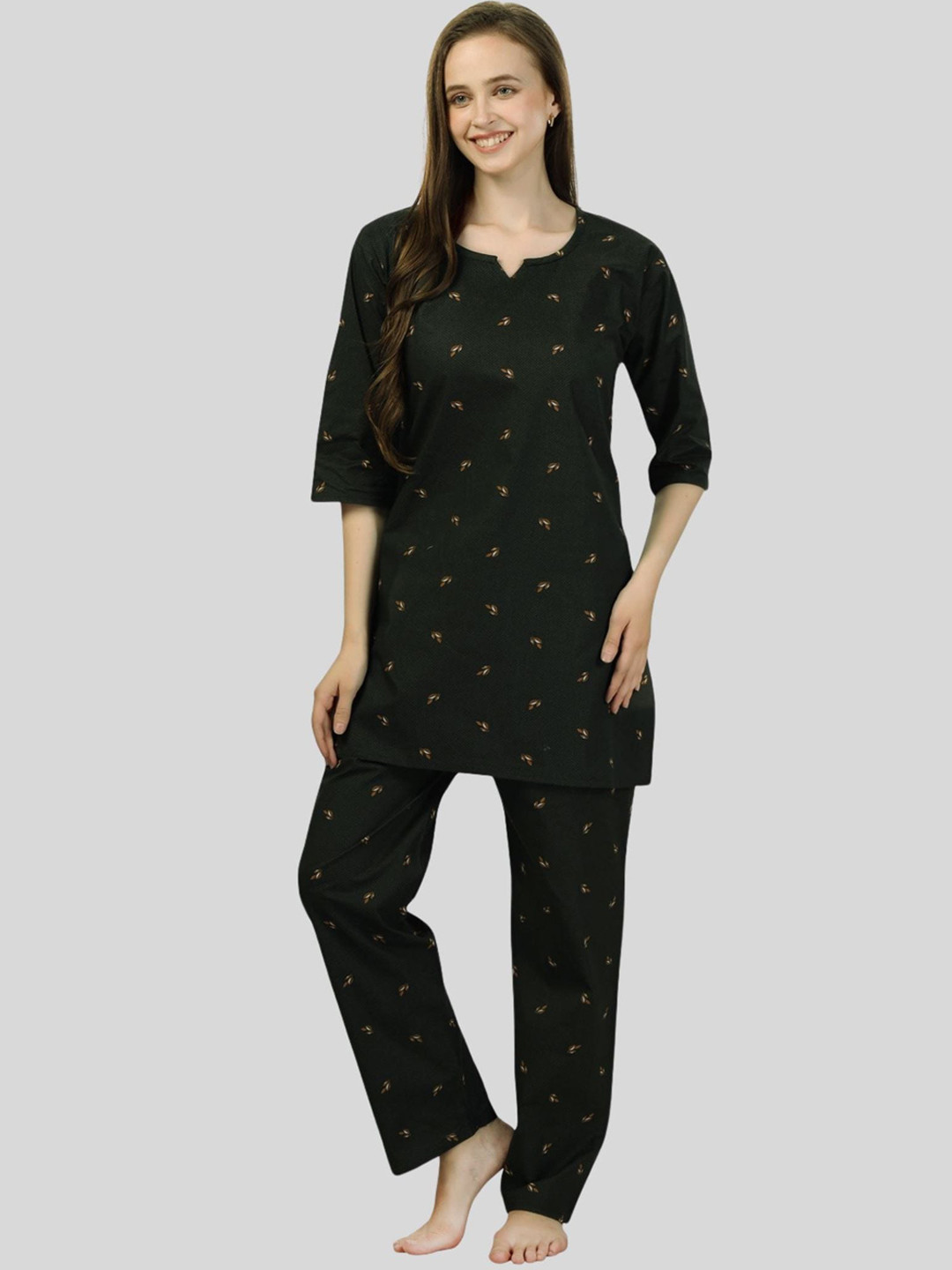 

Fabme Printed Pure Cotton Night Suit, Green