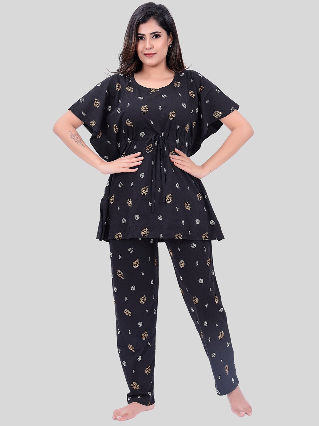 

Fabme Printed Pure Cotton Night Suit, Black