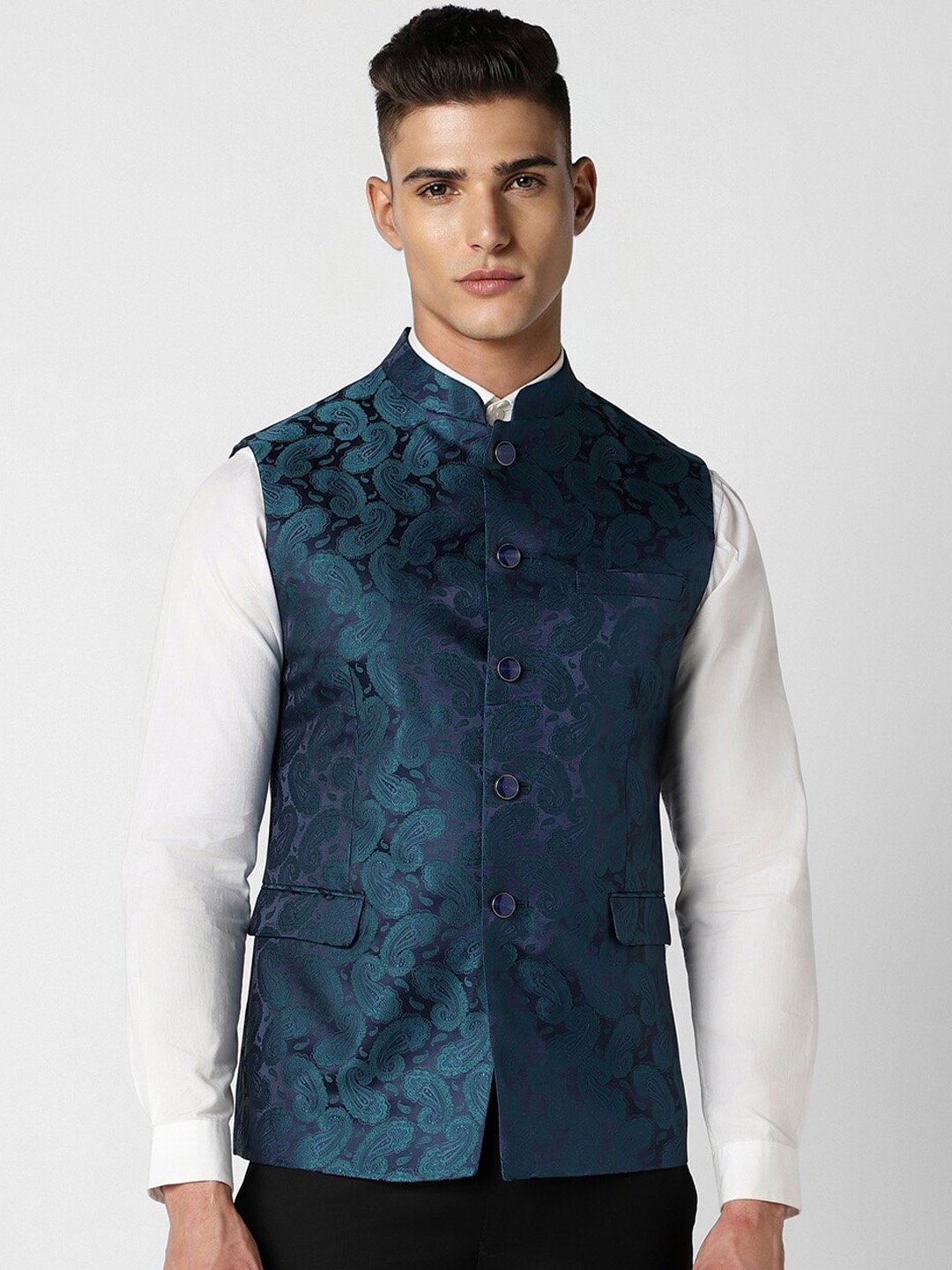 

Van Heusen Paisley Printed Nehru Jacket, Navy blue