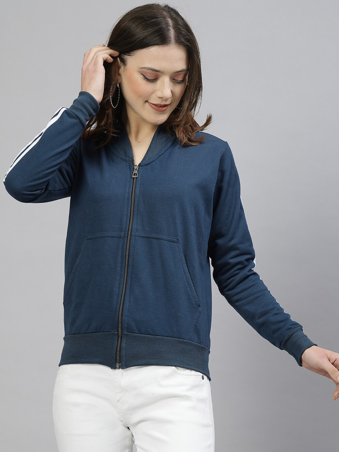 

UZARUS Mandarin Collar Cotton Fleece Front-Open Sweatshirt, Blue