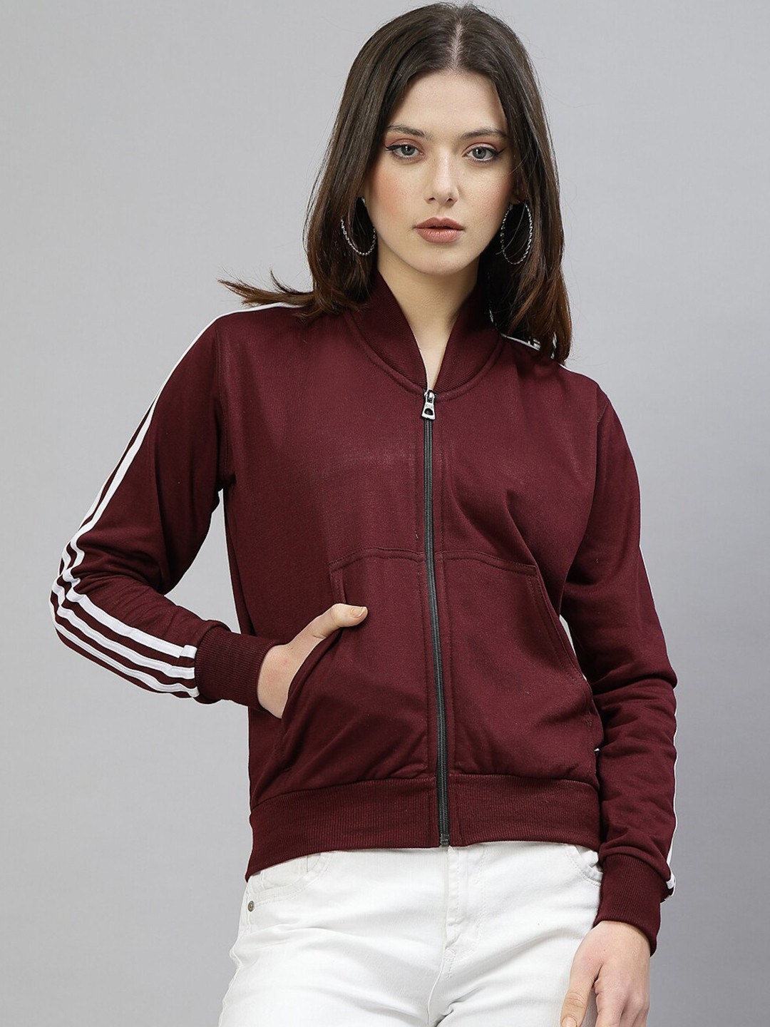 

UZARUS Mandarin Collar Cotton Fleece Front-Open Sweatshirt, Burgundy