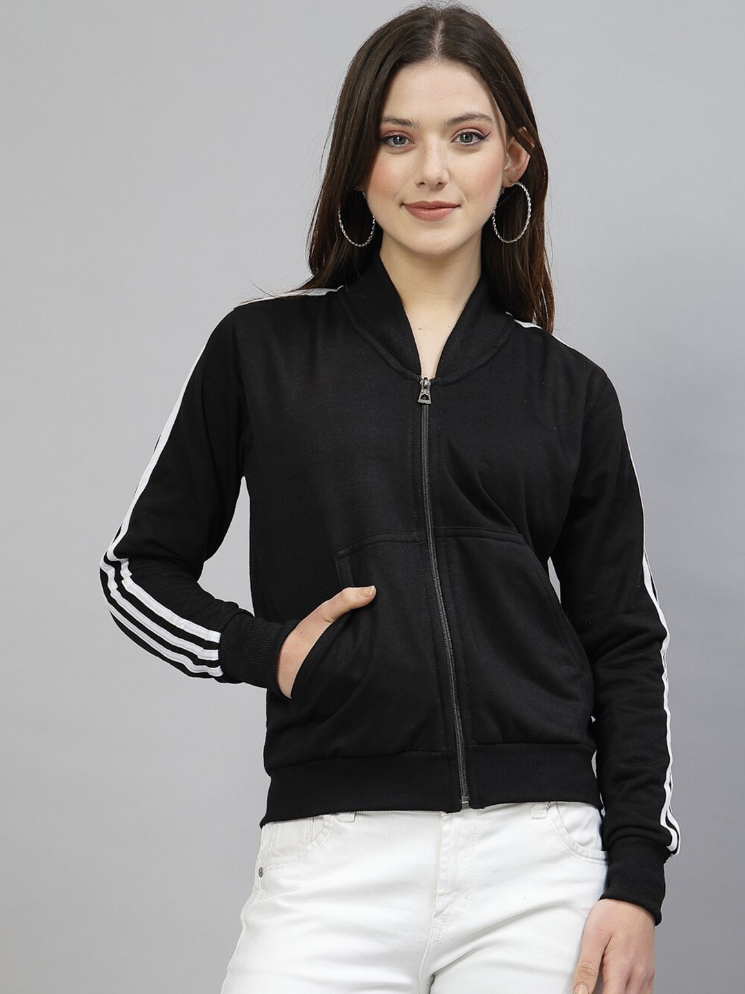 

UZARUS Mandarin Collar Cotton Fleece Front-Open Sweatshirt, Black