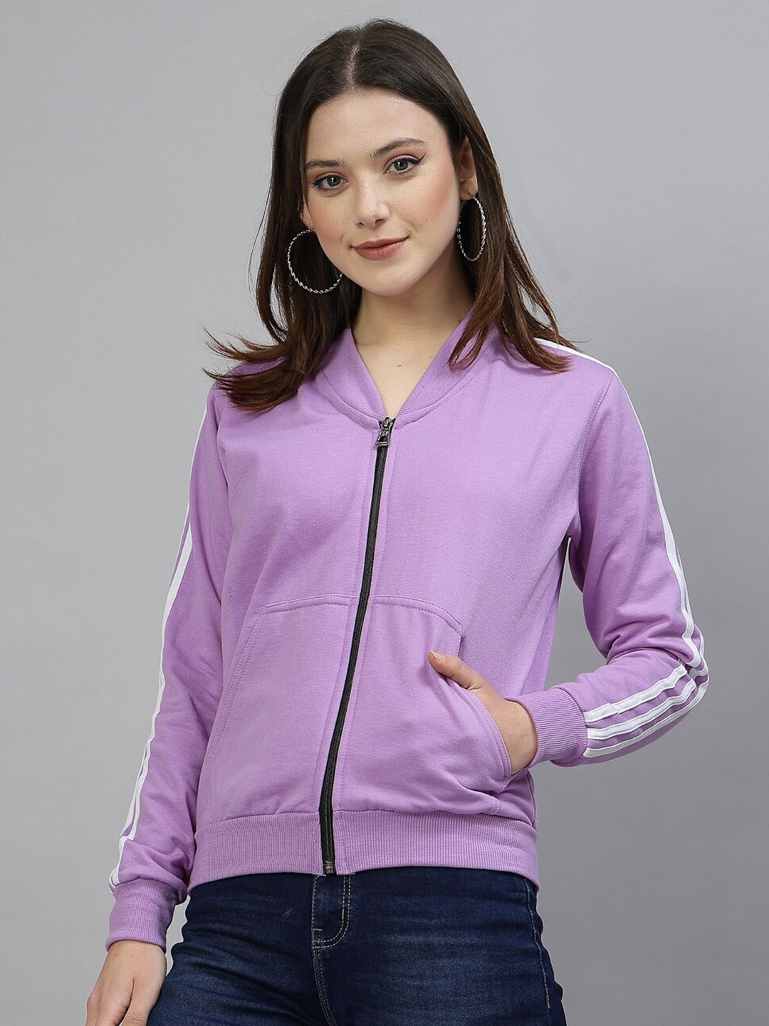 

UZARUS Mandarin Collar Cotton Fleece Front-Open Sweatshirt, Purple