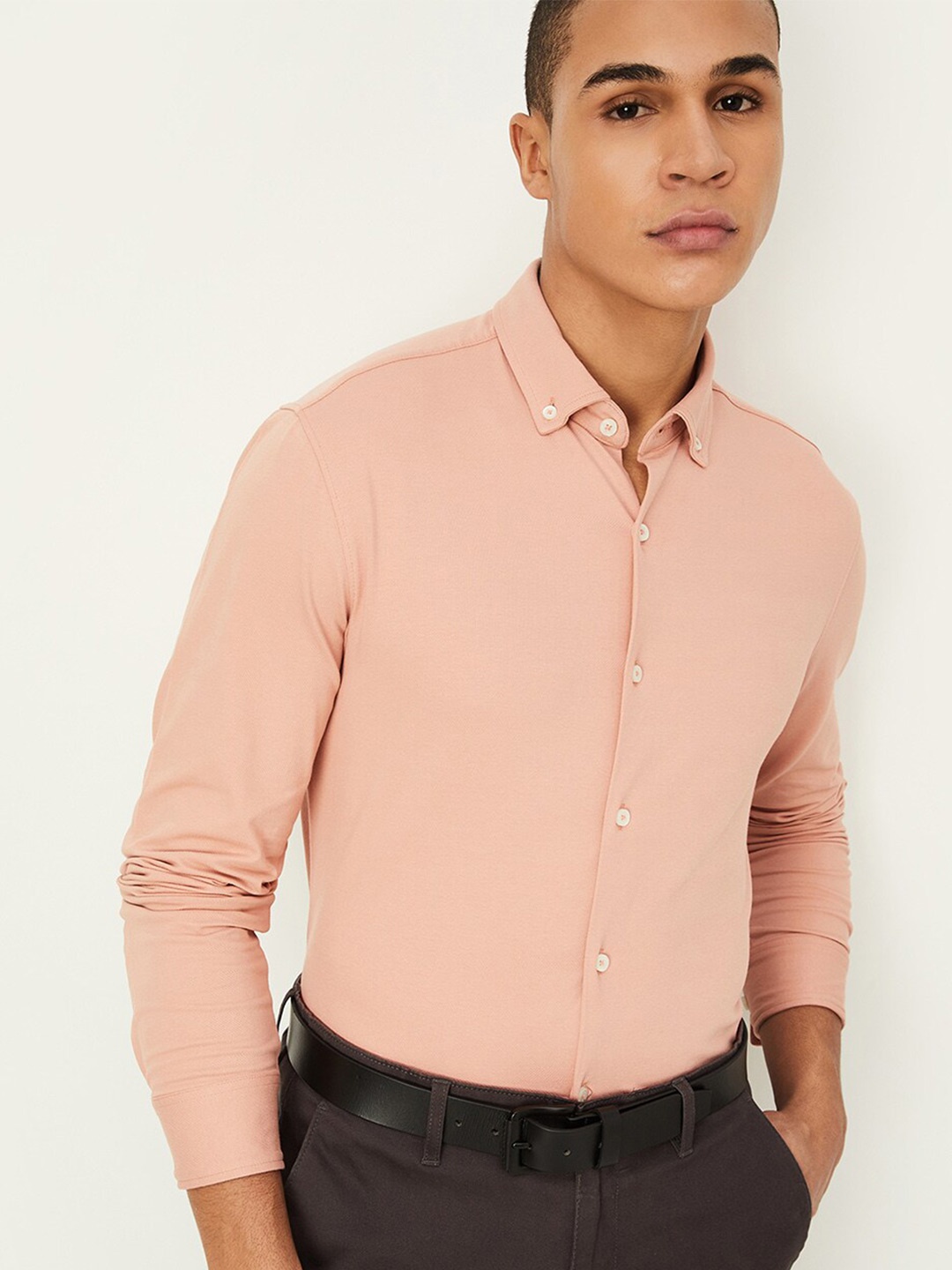 

max Button-Down Collar Pure Cotton Casual Shirt, Peach