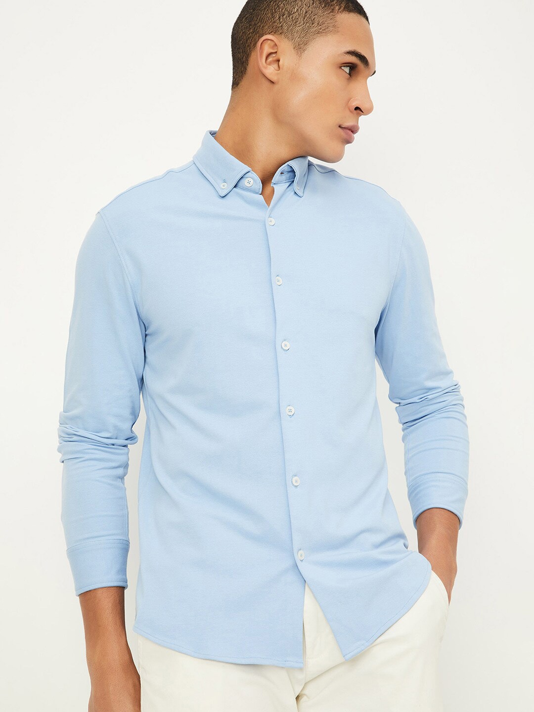 

max Button-Down Collar Pure Cotton Casual Shirt, Blue