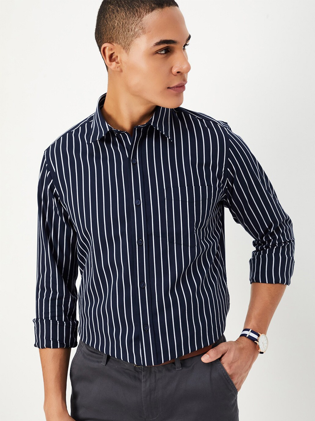 

max Vertical Striped Spread Collar Pure Cotton Casual Shirt, Navy blue