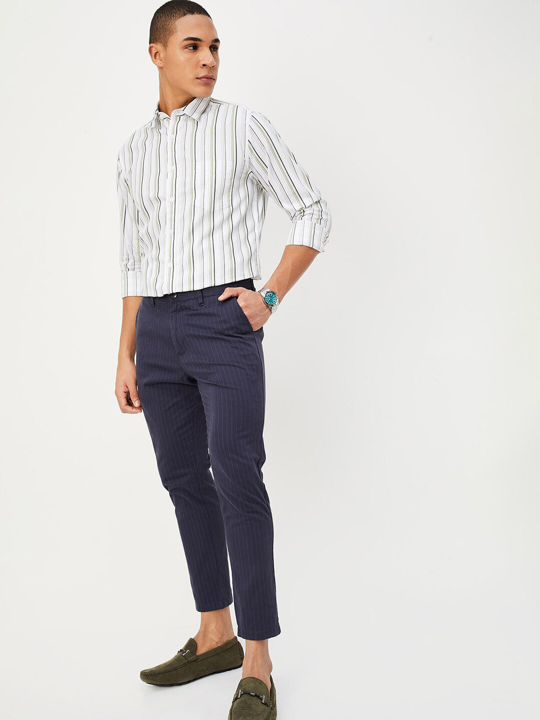 

max Vertical Striped Spread Collar Pure Cotton Casual Shirt, White