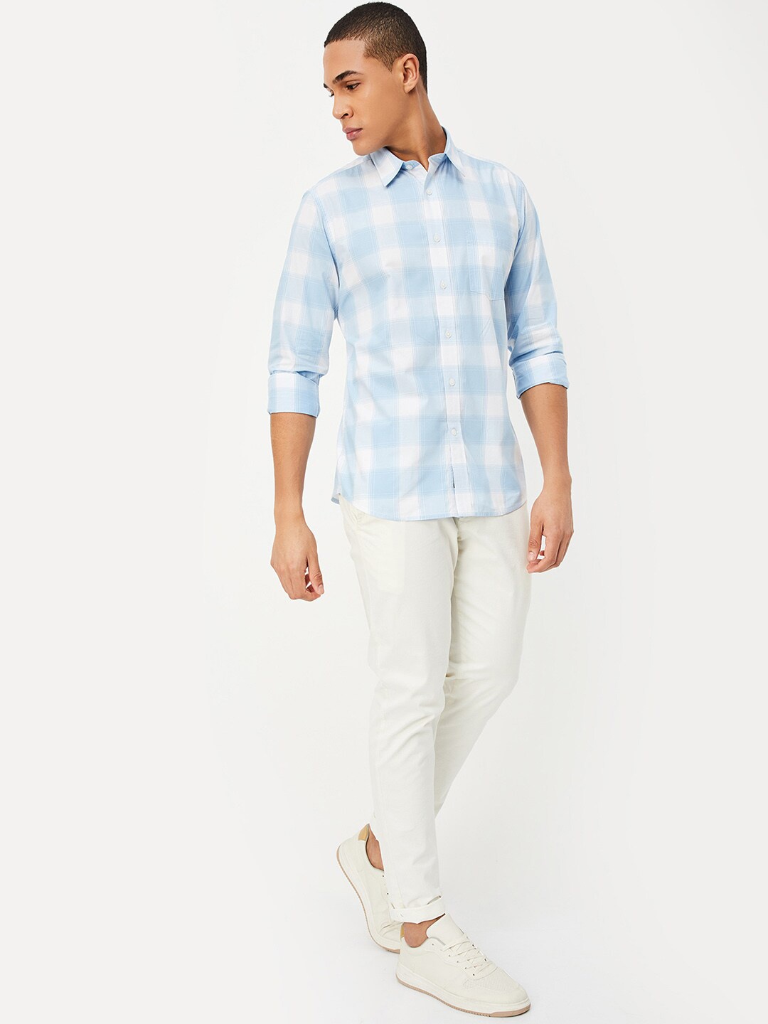 

max Men Buffalo Checked Pure Cotton Casual Shirt, Blue
