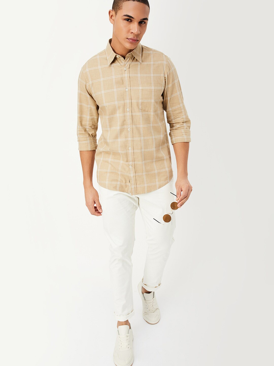 

max Men Windowpane Checked Pure Cotton Casual Shirt, Beige