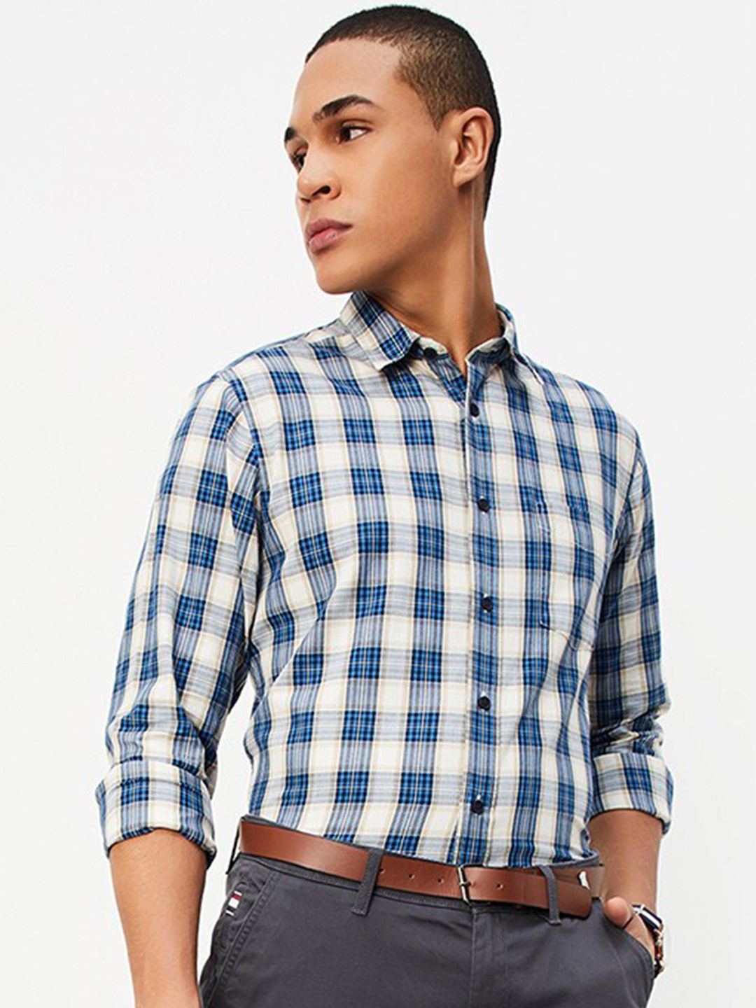 

max Men Tartan Checked Pure Cotton Casual Shirt, Navy blue