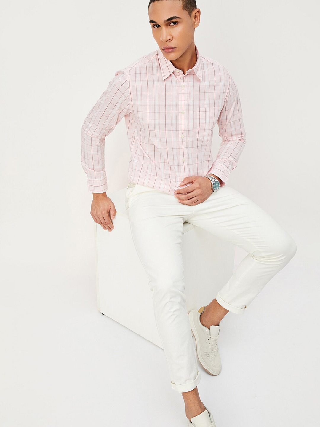 

max Men Grid Tattersall Checked Pure Cotton Casual Shirt, Pink