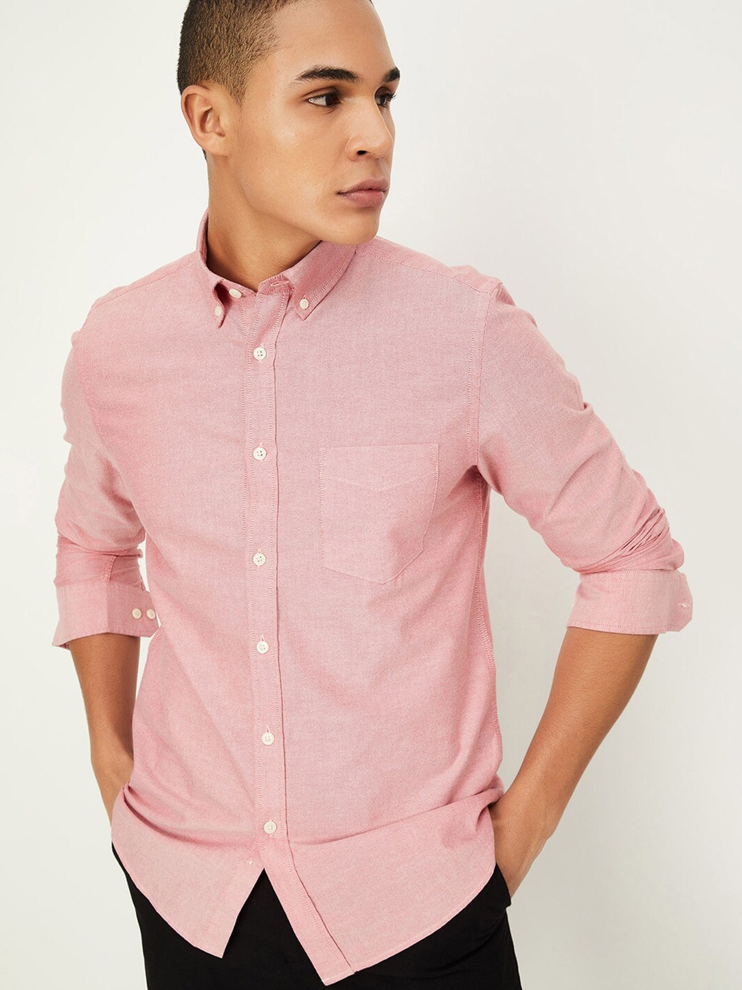 

max Button-Down Collar Pure Cotton Casual Shirt, Pink