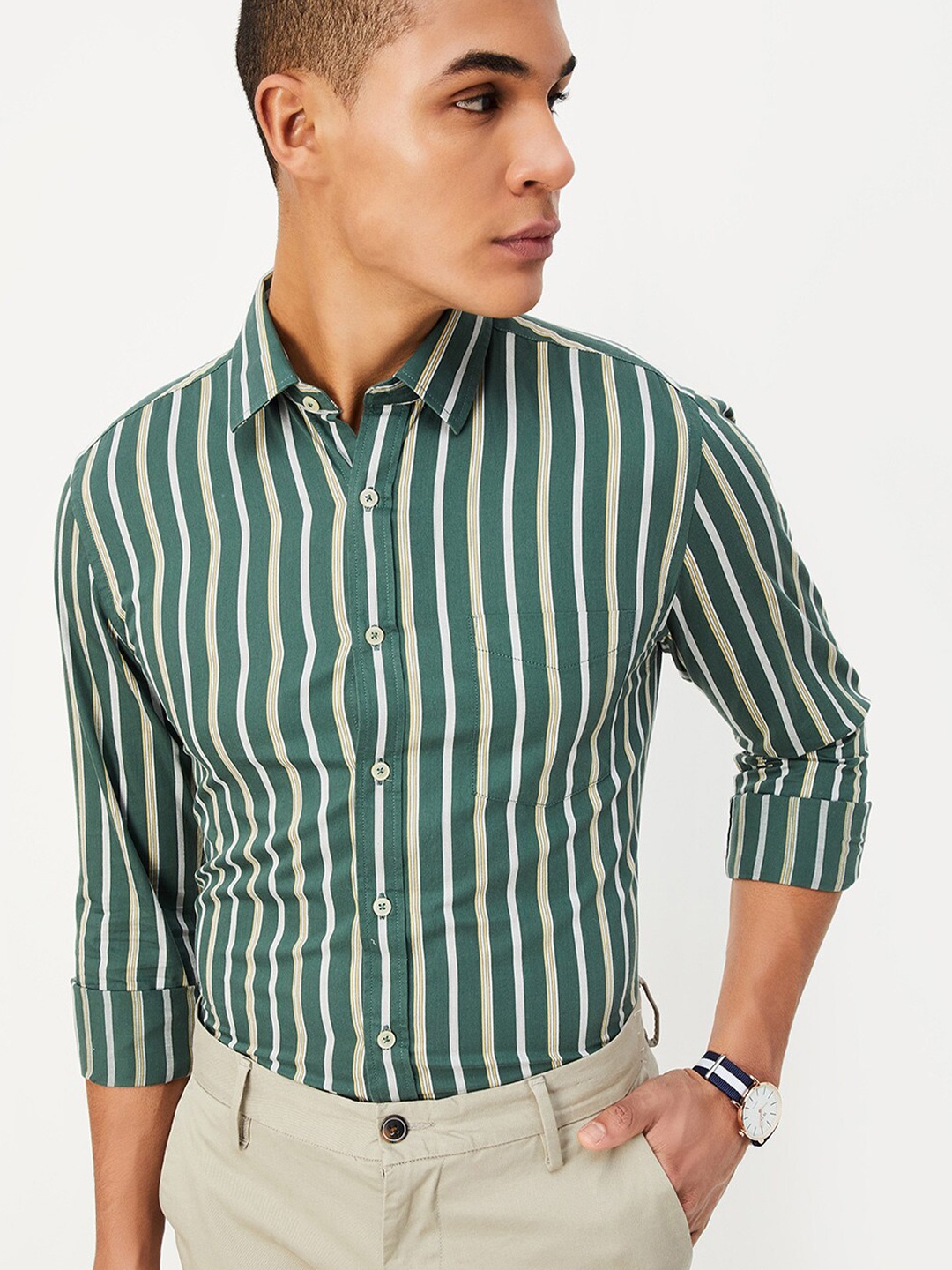 

max Vertical Striped Pure Cotton Casual Shirt, Green