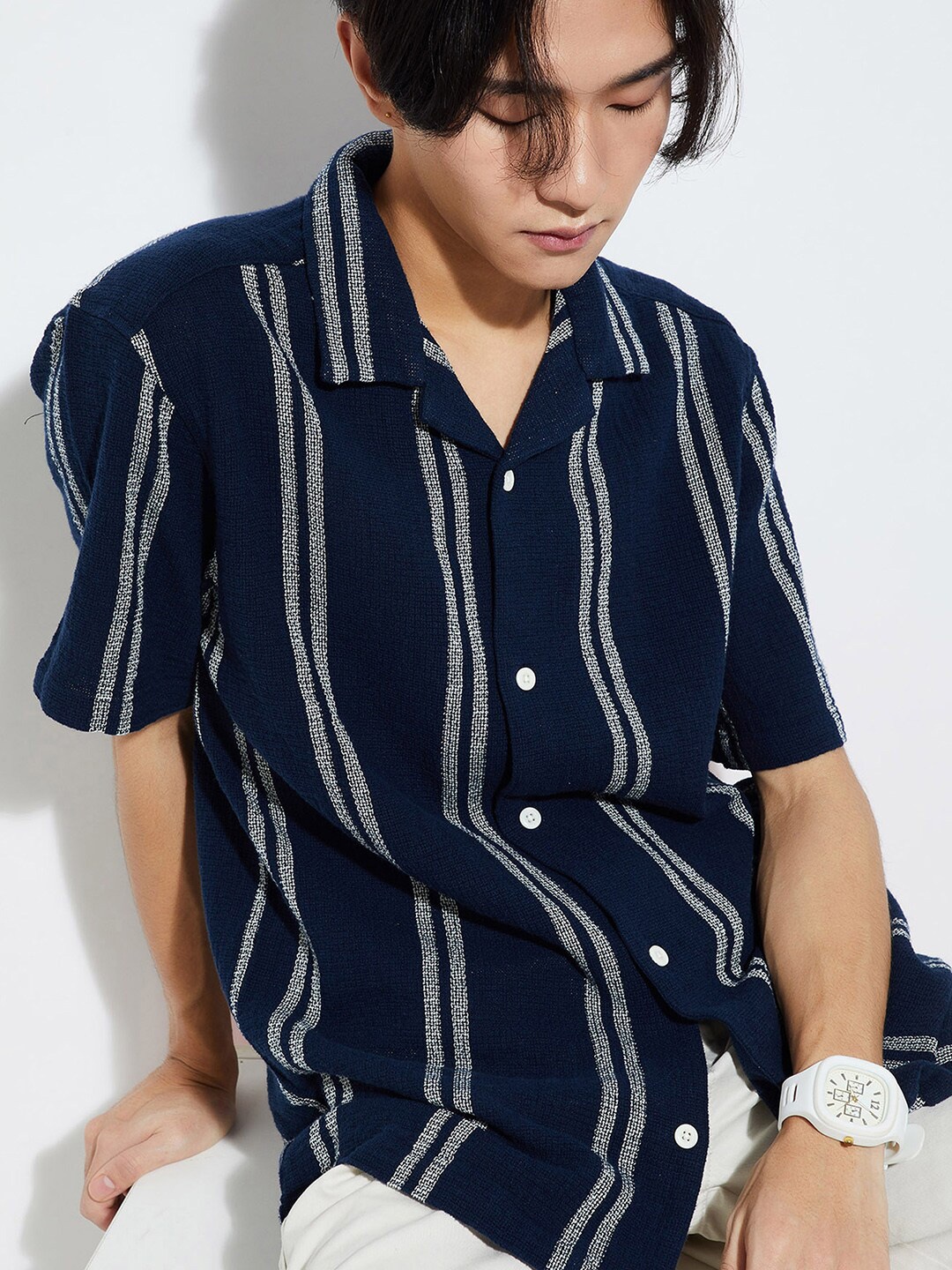 

max URB_N Vertical Striped Pure Cotton Club Collar Casual Shirt, Navy blue