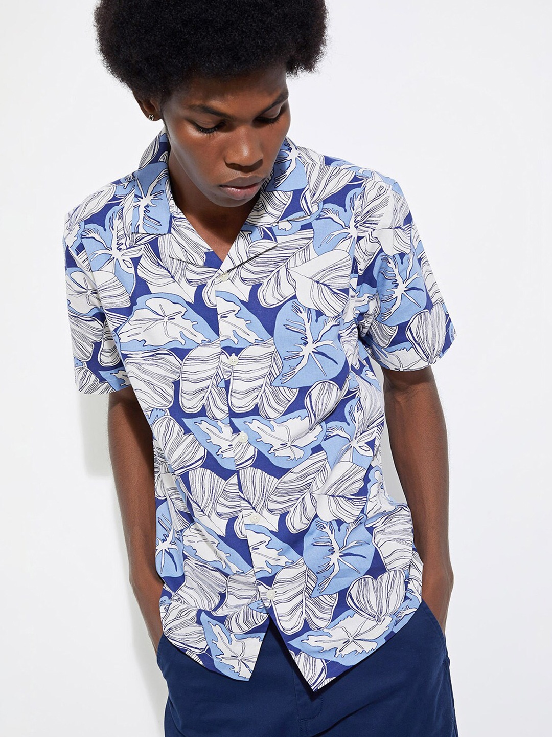 

max URB_N Tropical Printed Club Collar Casual Shirt, Blue