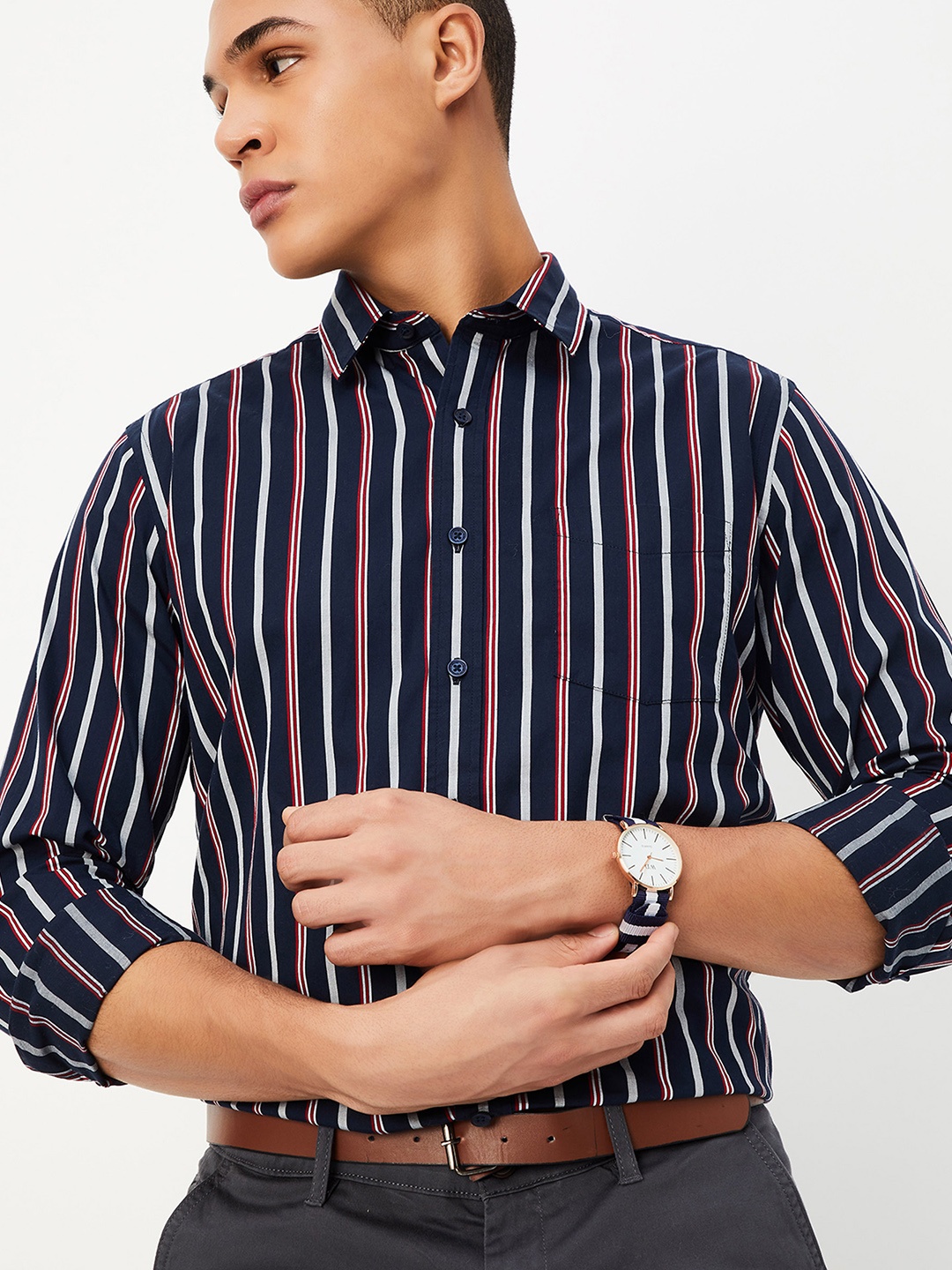 

max Men Opaque Striped Casual Shirt, Navy blue