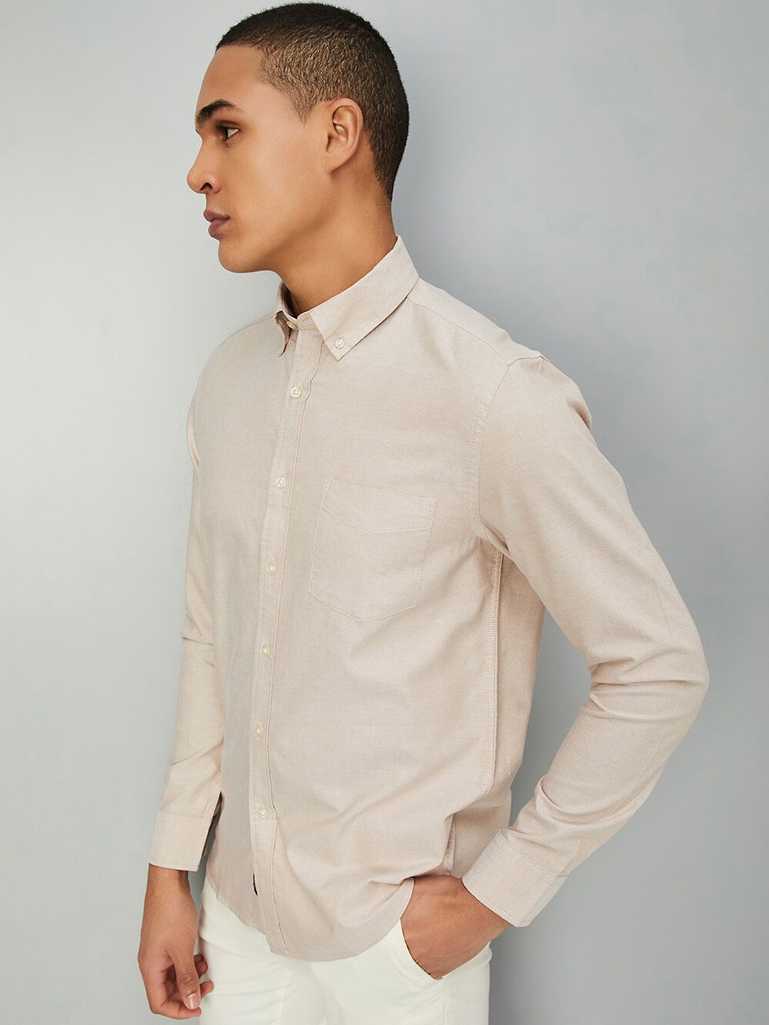 

max Spread Collar Long Sleeves Cotton Casual Shirt, Beige