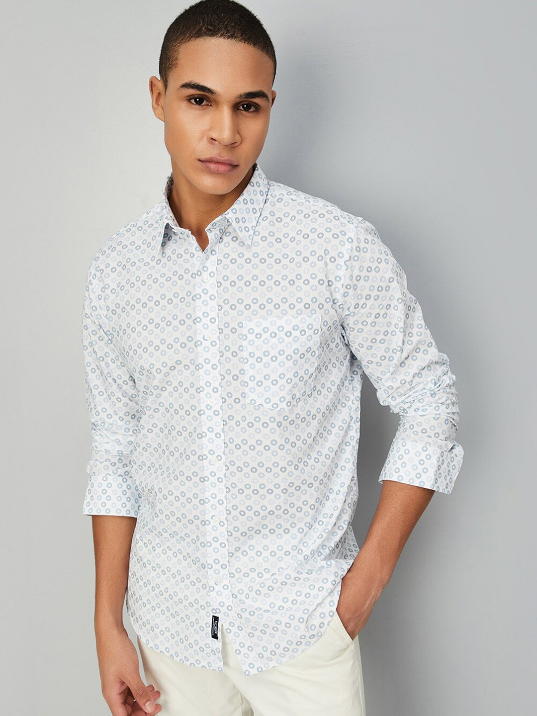 

max Polka Dots Printed Spread Collar Long Sleeves Cotton Casual Shirt, White