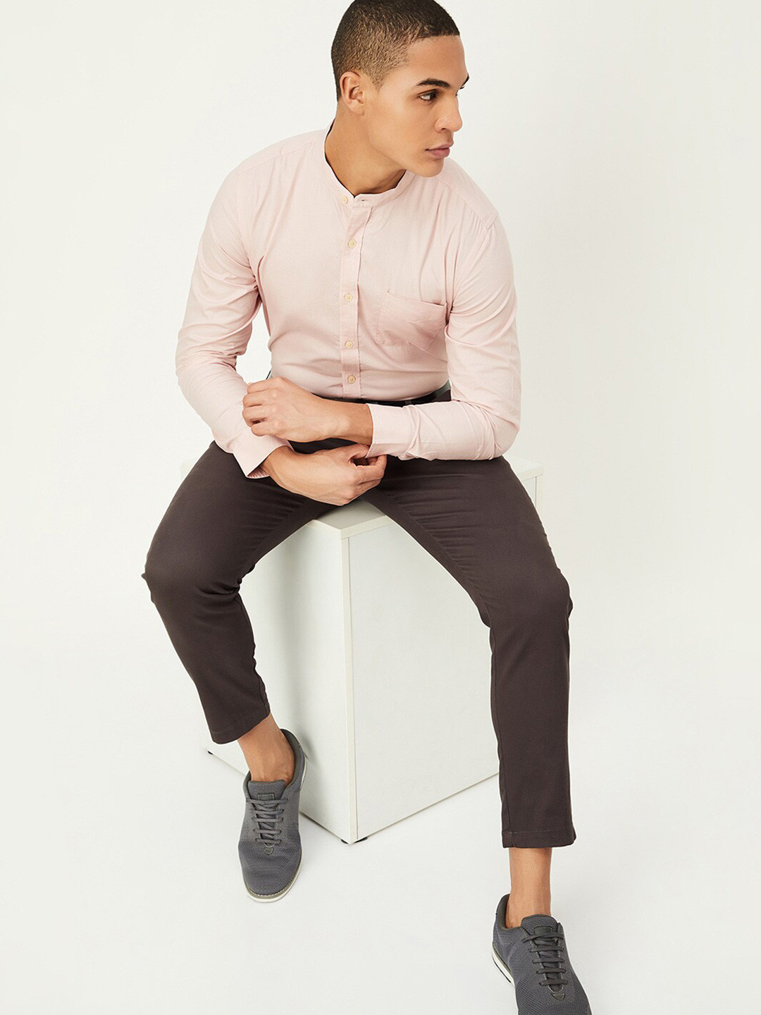 

max Mandarin Collar Long Sleeves Cotton Casual Shirt, Pink