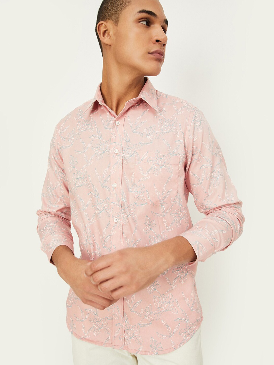 

max Floral Printed Spread Collar Long Sleeves Casual Shirt, Pink