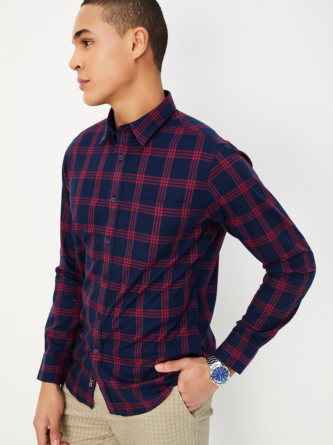 

max Checked Spread Collar Long Sleeves Cotton Casual Shirt, Navy blue