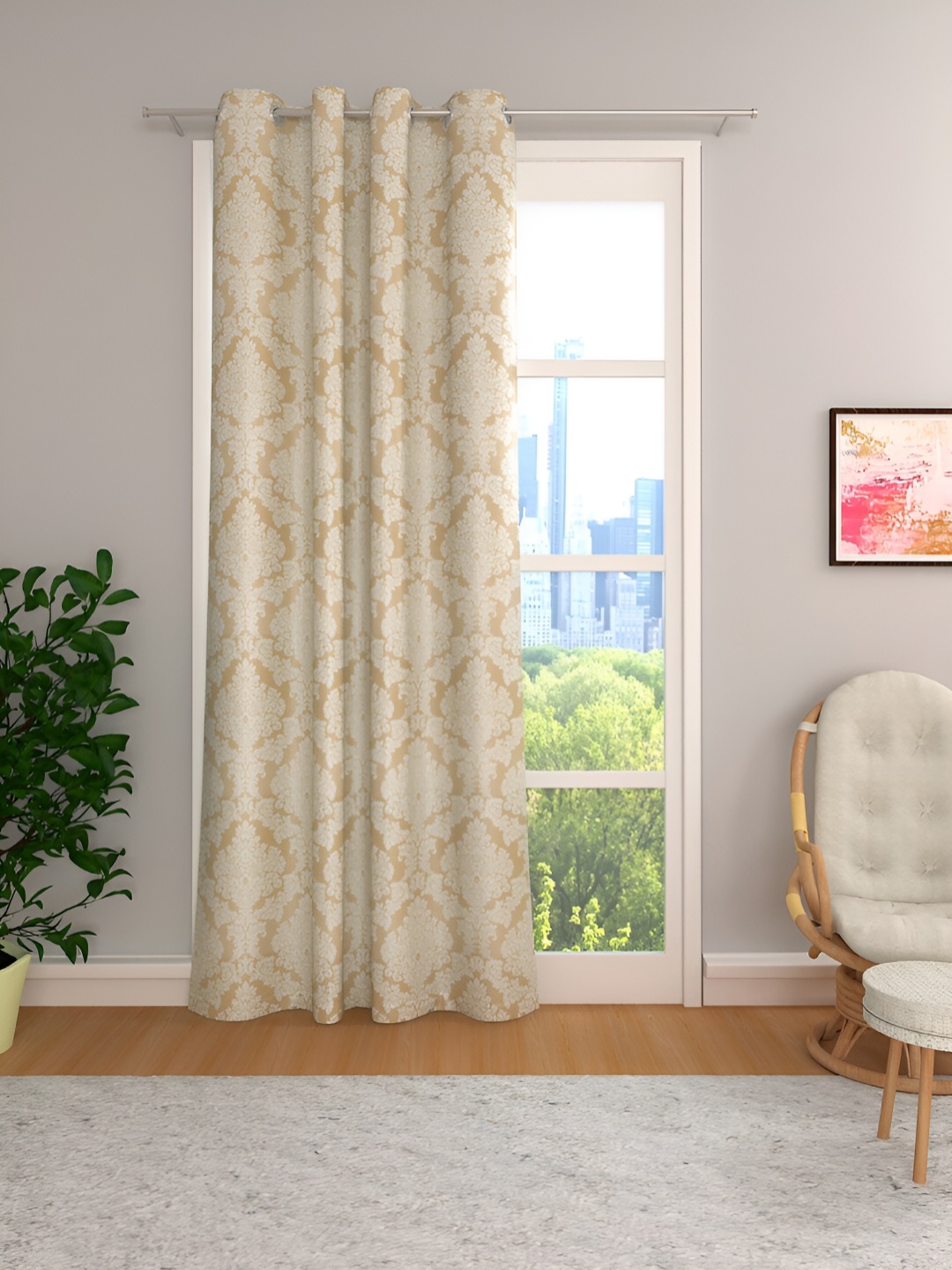 

THE CONVERSION Gold-Toned Floral Jacquard Room Darkening Long Door Curtain