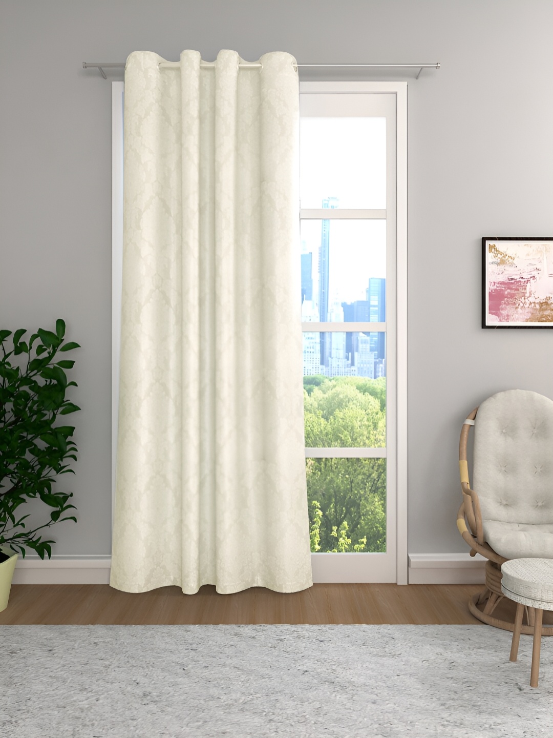 

THE CONVERSION Cream Floral Printed Jacquard Room Darkening Long Door Curtain