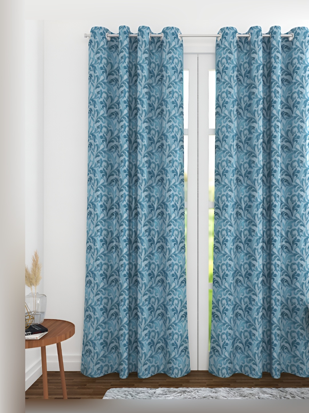 

THE CONVERSION Blue Floral Printed Jacquard Room Darkening Long Door Curtain