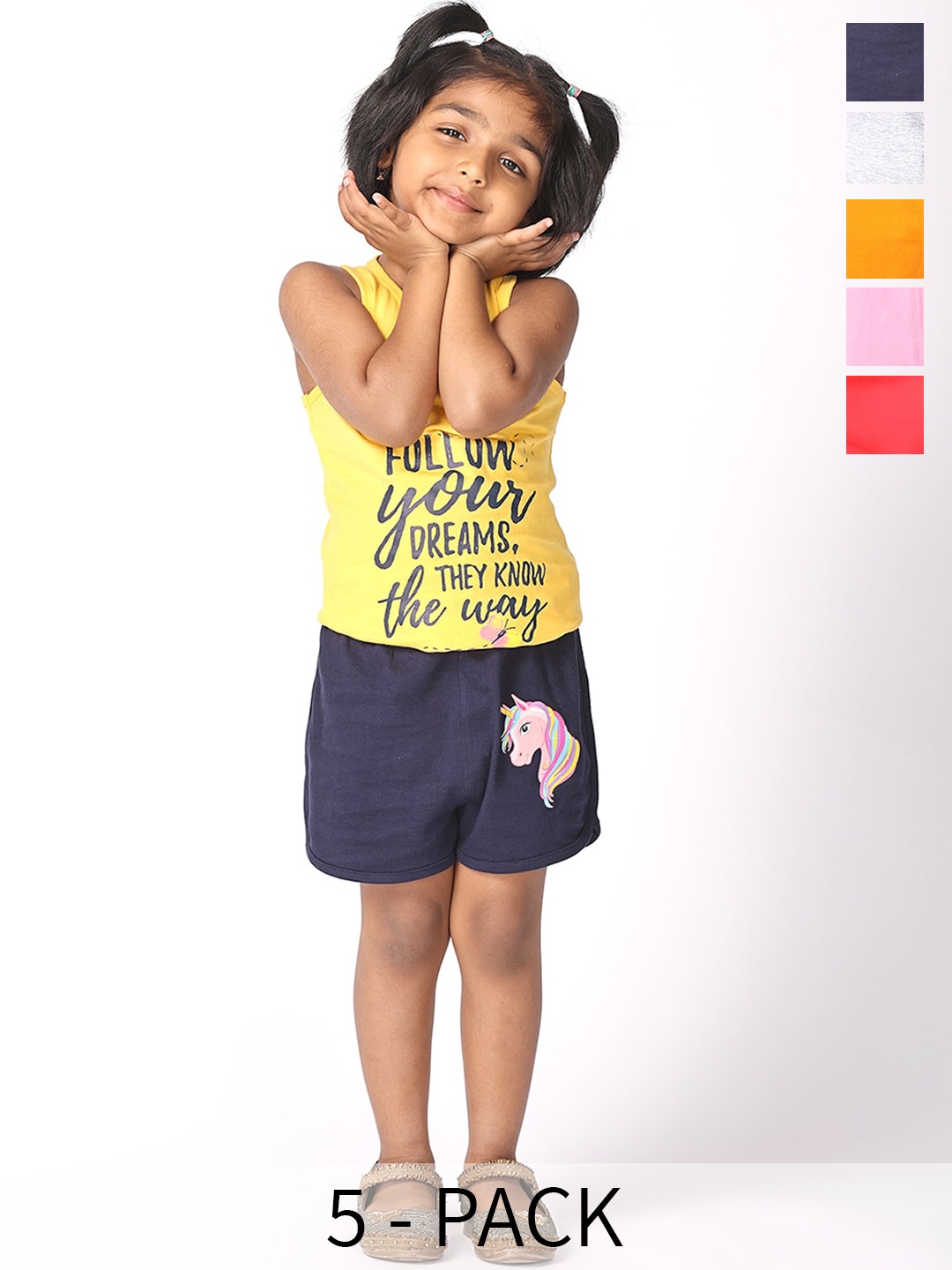 

BAESD Girls Pack Of 5 Graphic Printed Cotton Shorts, Navy blue