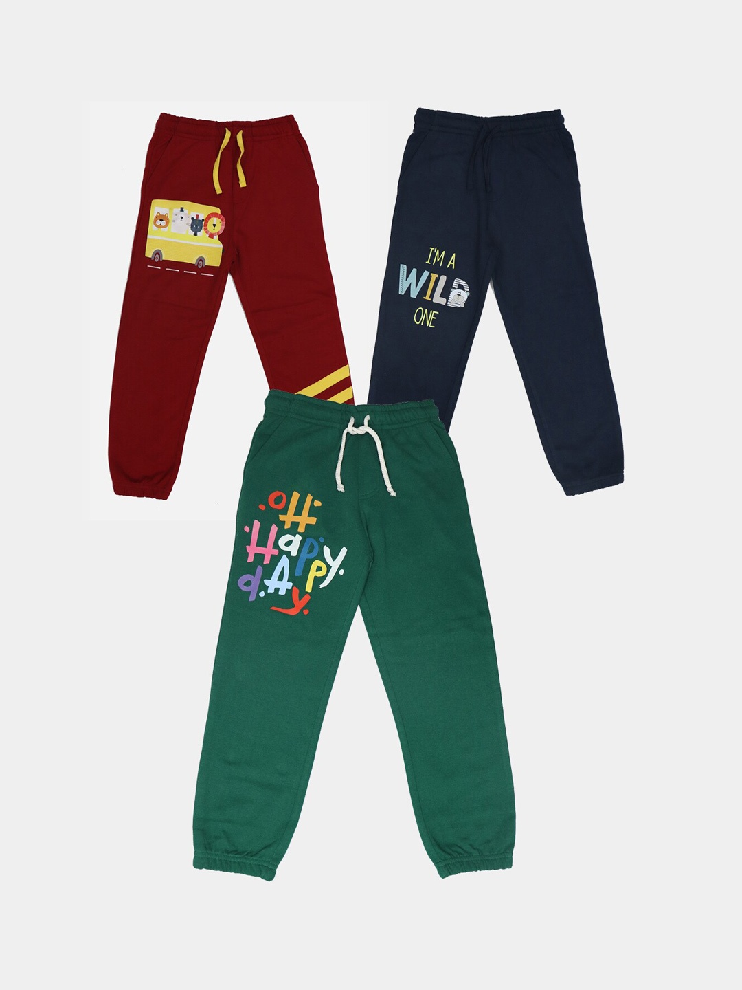 

HARBOR N BAY Boys Pack of 3 Typography Printed Mid-Rise Pure Cotton Joggers, Green