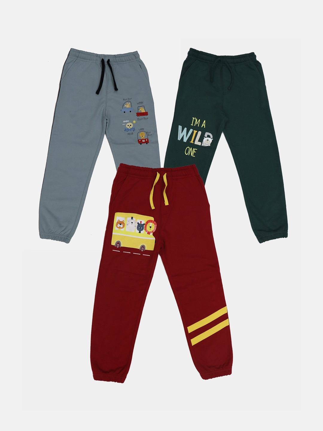 

HARBOR N BAY Boys Pack of 3 Graphic Printed Mid-Rise Cotton Joggers, Maroon