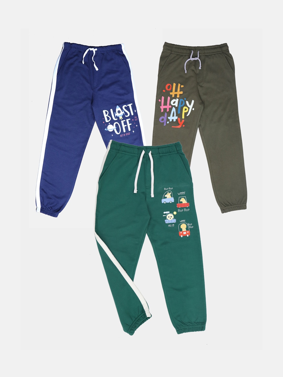 

HARBOR N BAY Boys Pack of 3 Graphic Printed Mid-Rise Cotton Joggers, Green