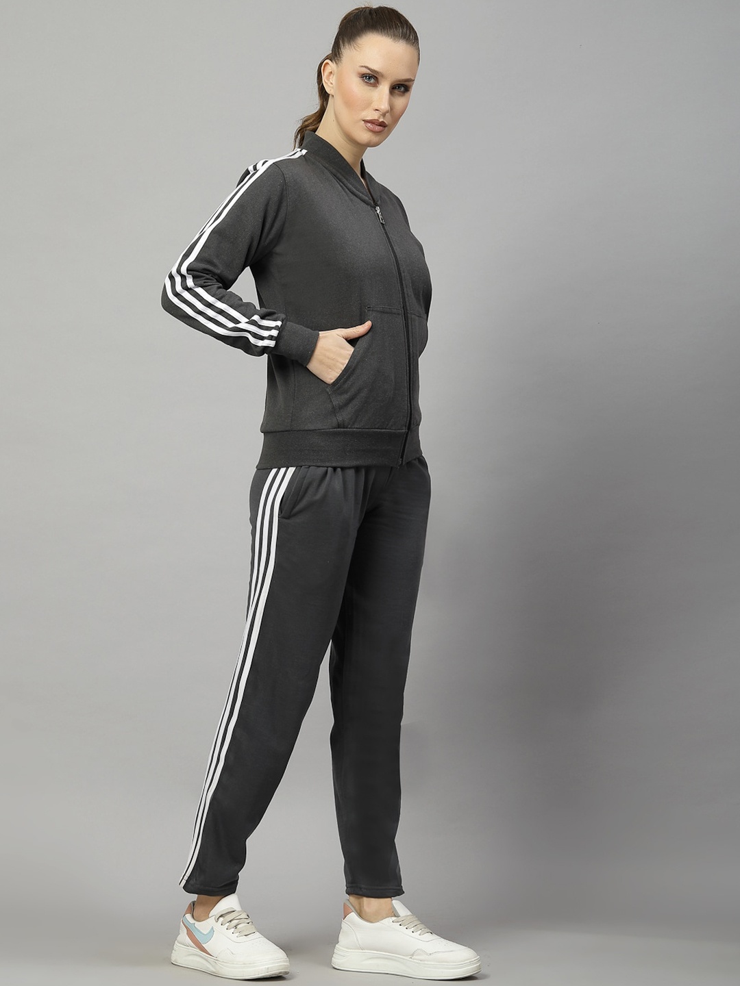 UZARUS Women V-Neck Fleece Tracksuit, Grey