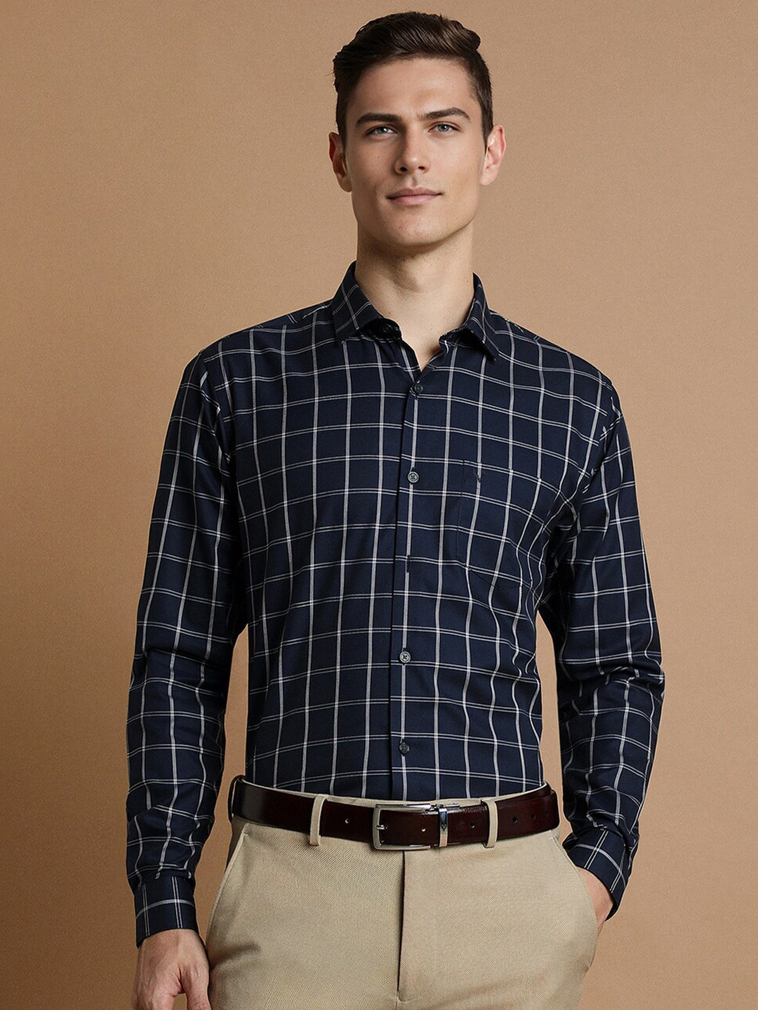 

Allen Solly Slim Fit Windowpane Checked Pure Cotton Formal Shirt, Navy blue