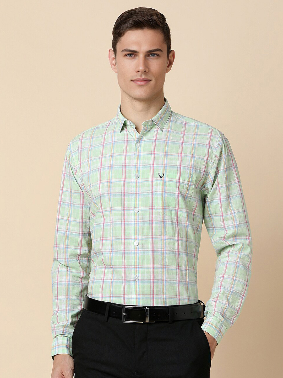 

Allen Solly Men Slim Fit Checked Pure Cotton Formal Shirt, Green