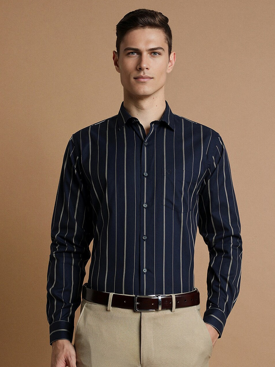 

Allen Solly Slim Fit Striped Pure Cotton Formal Shirt, Navy blue