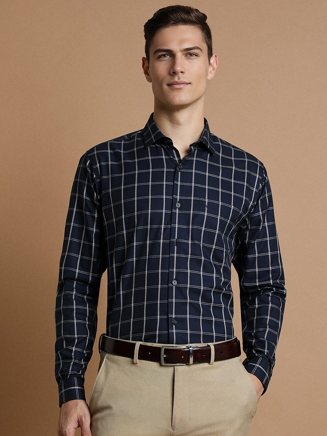 

Allen Solly Slim Fit Windowpane Checked Formal Shirt, Navy blue