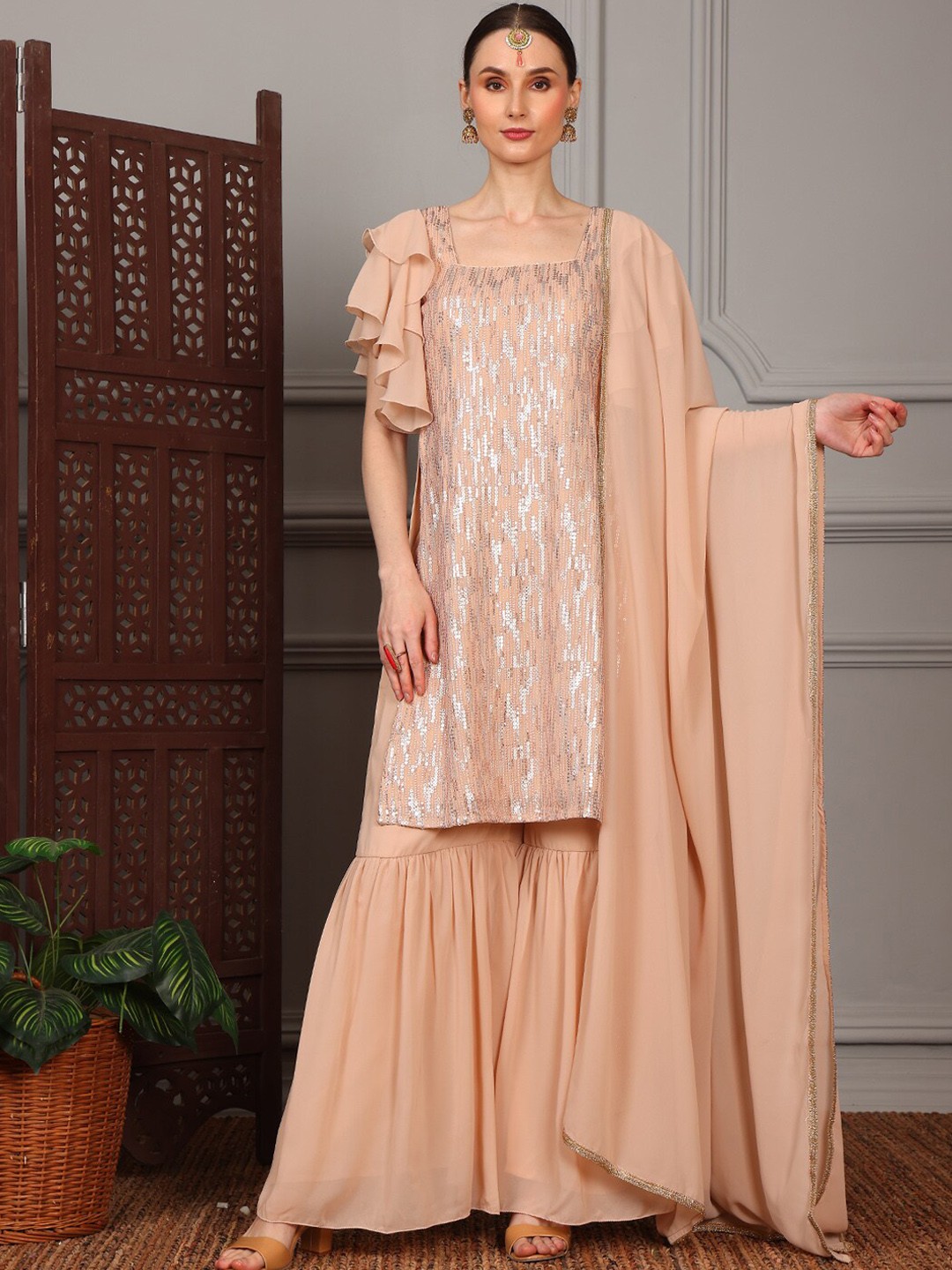 

Ethnovog Embroidered Square Neck Flared Sleeves Sequinned Kurti with Sharara & Dupatta, Peach