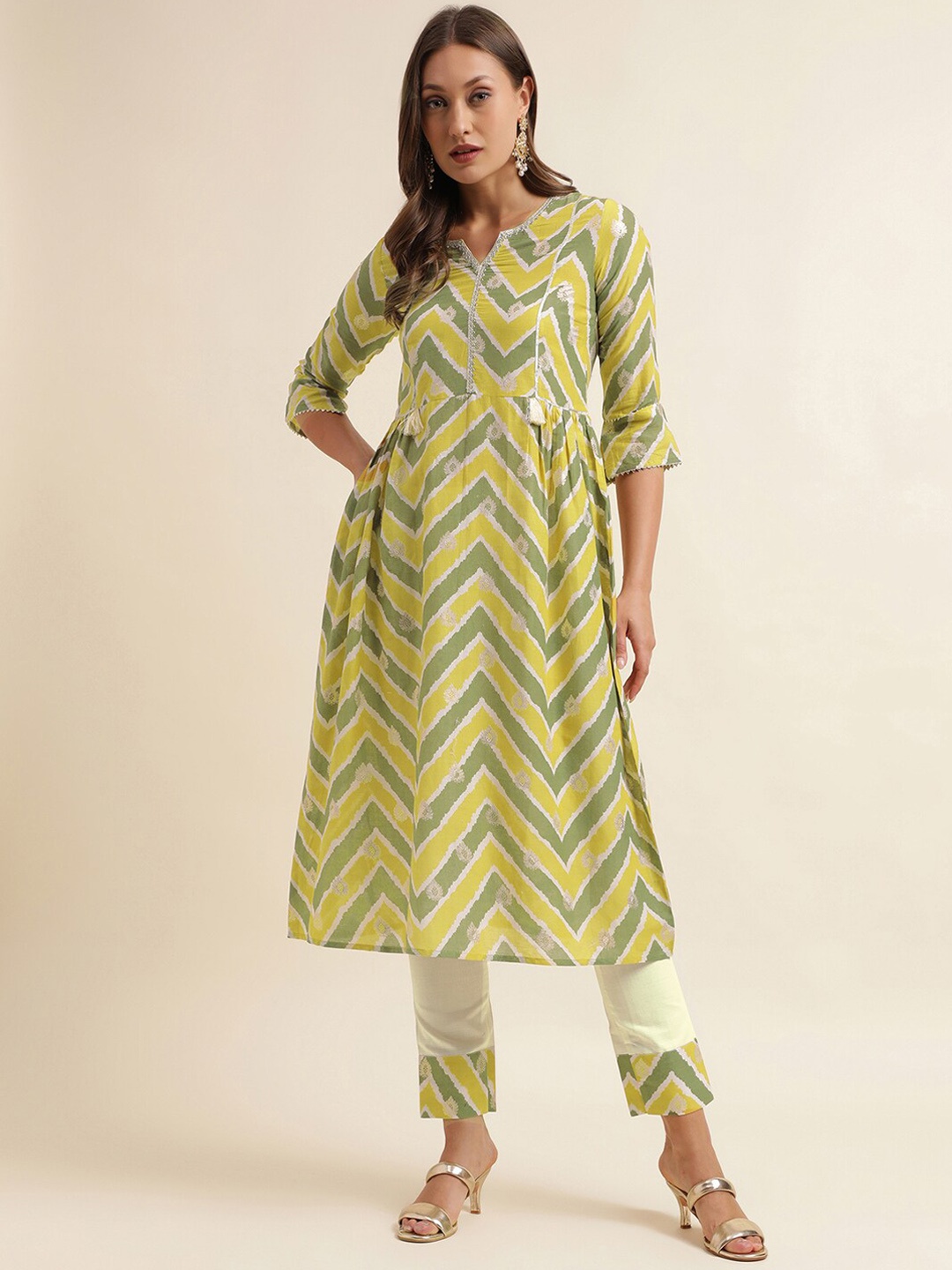 

KALINI Geometric Printed Foil Printed Pleated A-Line Kurta With Trousers, Green