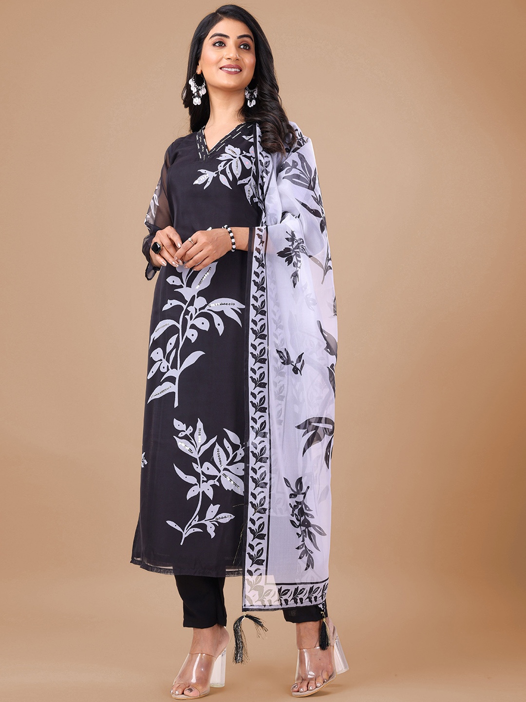 

J.KANJI Floral Printed Regular Sequinned Kurta with Trousers & Dupatta, Black