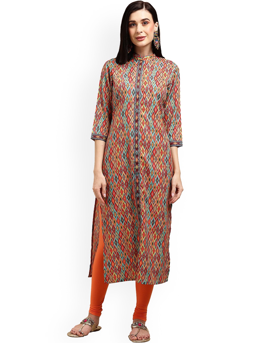 

Nimayaa Geometric Printed Mandarin Collar Crepe Straight Kurta, Orange