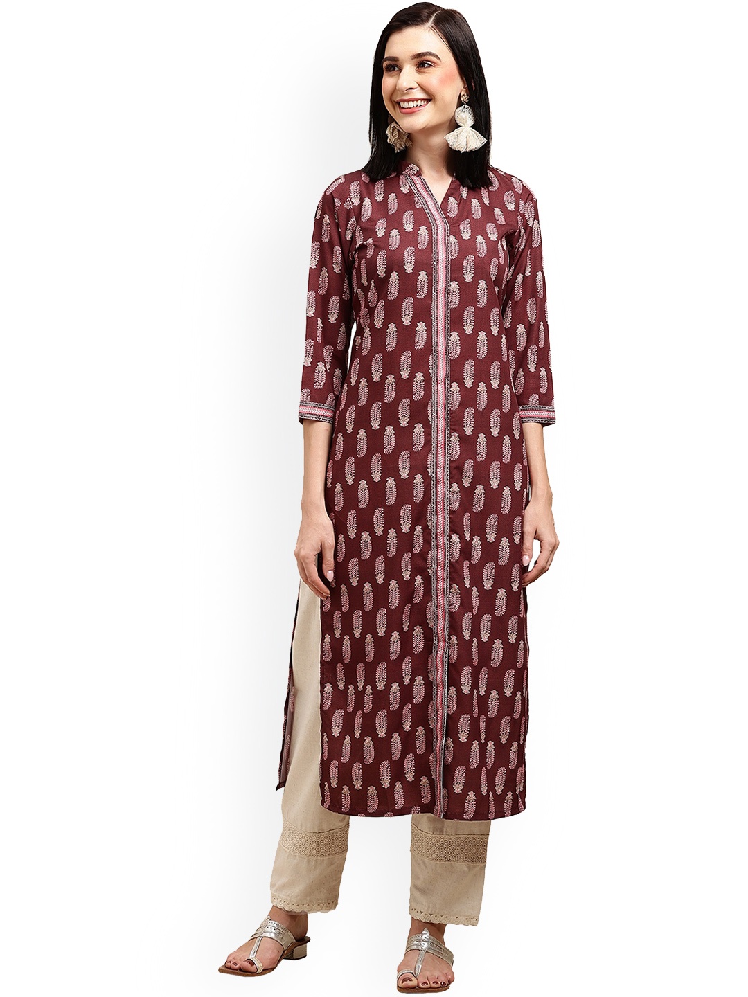 

Nimayaa Floral Printed Mandarin Collar Crepe Straight Kurta, Maroon