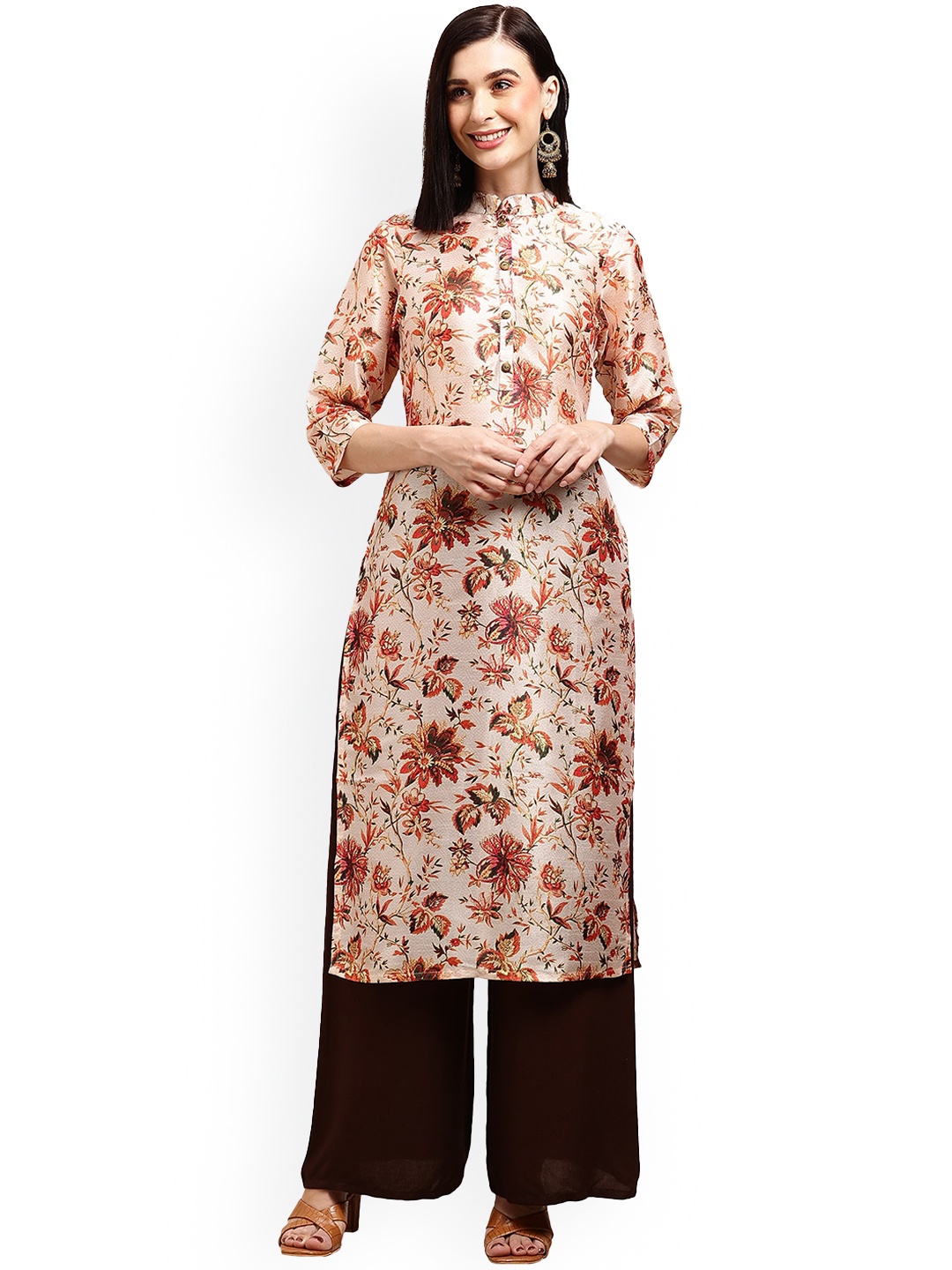 

Nimayaa Floral Printed Mandarin Collar Straight Kurta, Peach