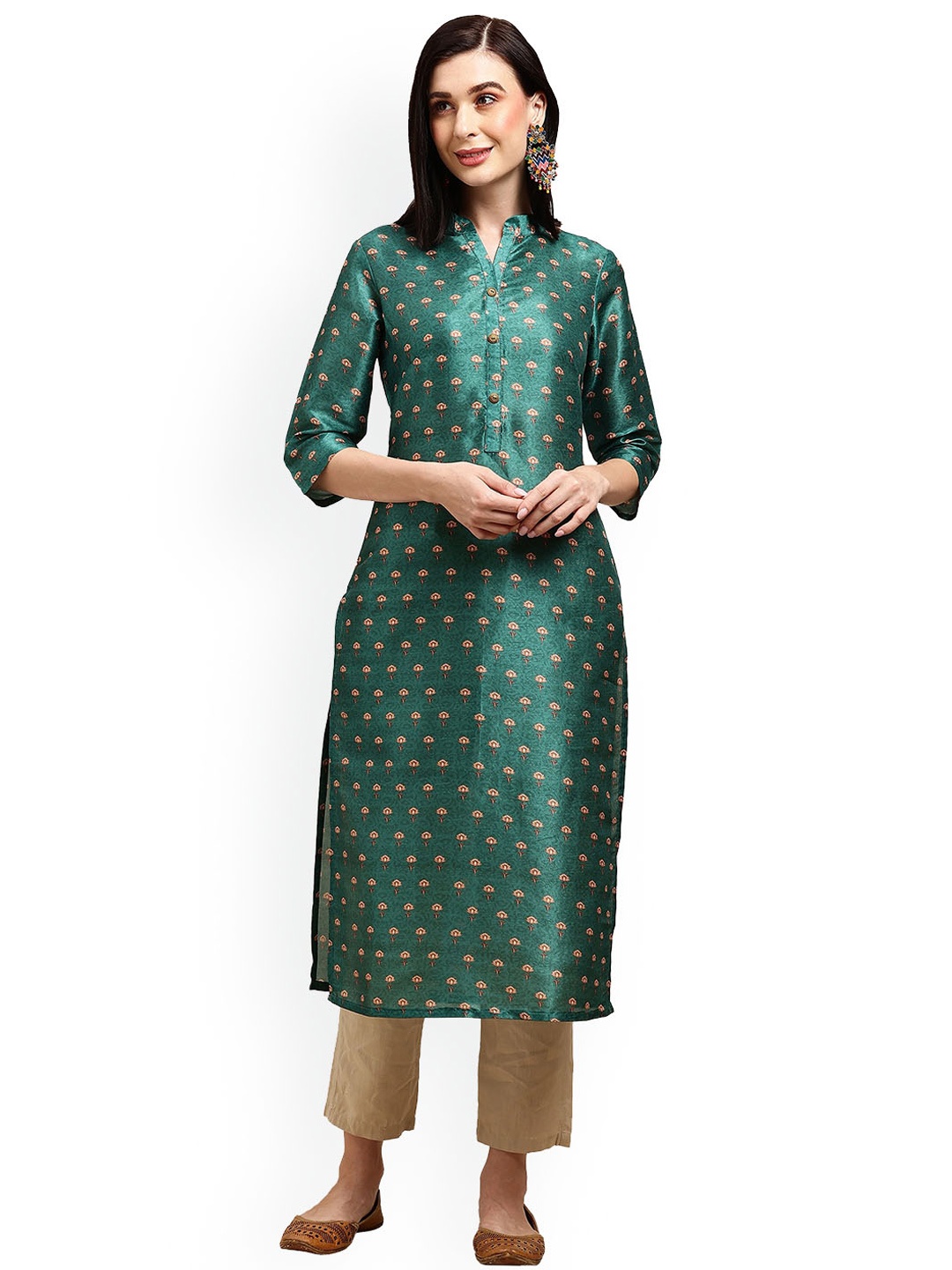 

Nimayaa Floral Printed Mandarin Collar Straight Kurta, Green