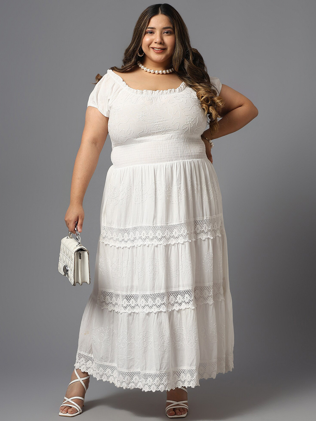 

SAAKAA Plus Size Floral Embroidered Square Neck Smocked Tiered Cotton Maxi Dress, White